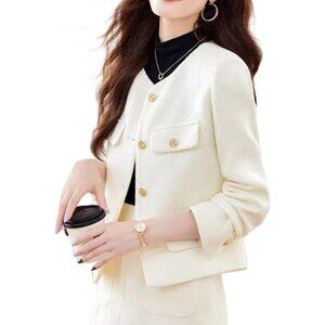 Women Off-white Floral Tweed Jacket Long Sleeve Round Neck Business Casual Top